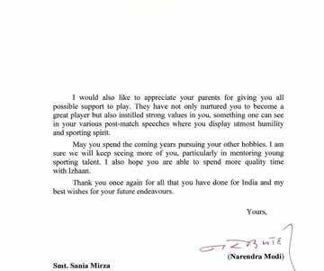 Sania Mirza: सानिया मिर्जा के रिटायमेंट पर पीएम मोदी ने लिखा लेटर, सोशल मीडिया पर पत्र शेयर कर टेनिस स्टार ने लिखी दिल छूने वाली बात